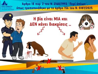Τροποποίηση της νομοθεσίας περί όπλων απο την  Ειδική Γραμματεία για την Προστασία των Ζώων  Συντροφιάς