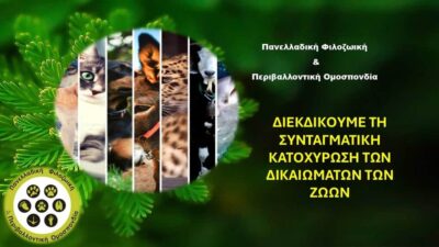 Η Πανελλαδική Φιλοζωική και Περιβαλλοντική Ομοσπονδία υποστηρίζει τη Συνταγματική κατοχύρωση της προστασίας και των δικαιωμάτων των ζώων