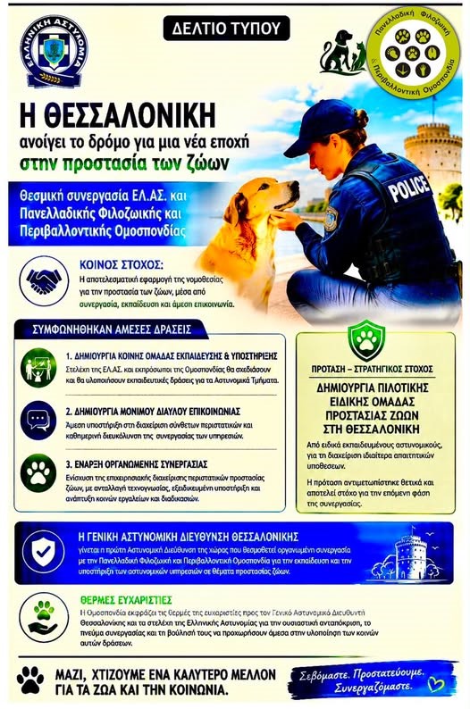You are currently viewing Η Θεσσαλονίκη ανοίγει το δρόμο για μια νέα εποχή στην προστασία των ζώων. Θεσμική συνεργασία ΕΛ.ΑΣ. και Πανελλαδικής Φιλοζωικής και Περιβαλλοντικής Ομοσπονδίας
