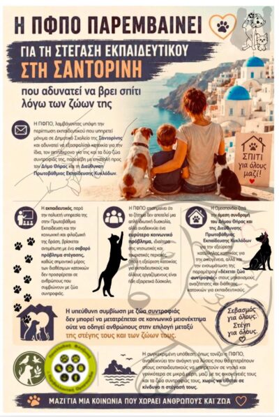 Η ΠΦΠΟ παρεμβαίνει για τη στέγαση εκπαιδευτικού στη Σαντορίνη που αδυνατεί να βρει σπίτι λόγω των ζώων της
